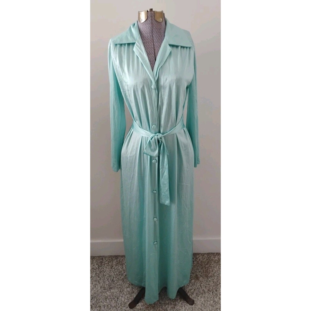 Vtg 70's Vanity Fair Dressing Gown Robe Blue Nylon Belted sz S 32" Bust EUC